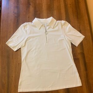 Belle by Kim Gravel Top Small White TripleLuxe Knit Puff Sleeve Polo Half Zip